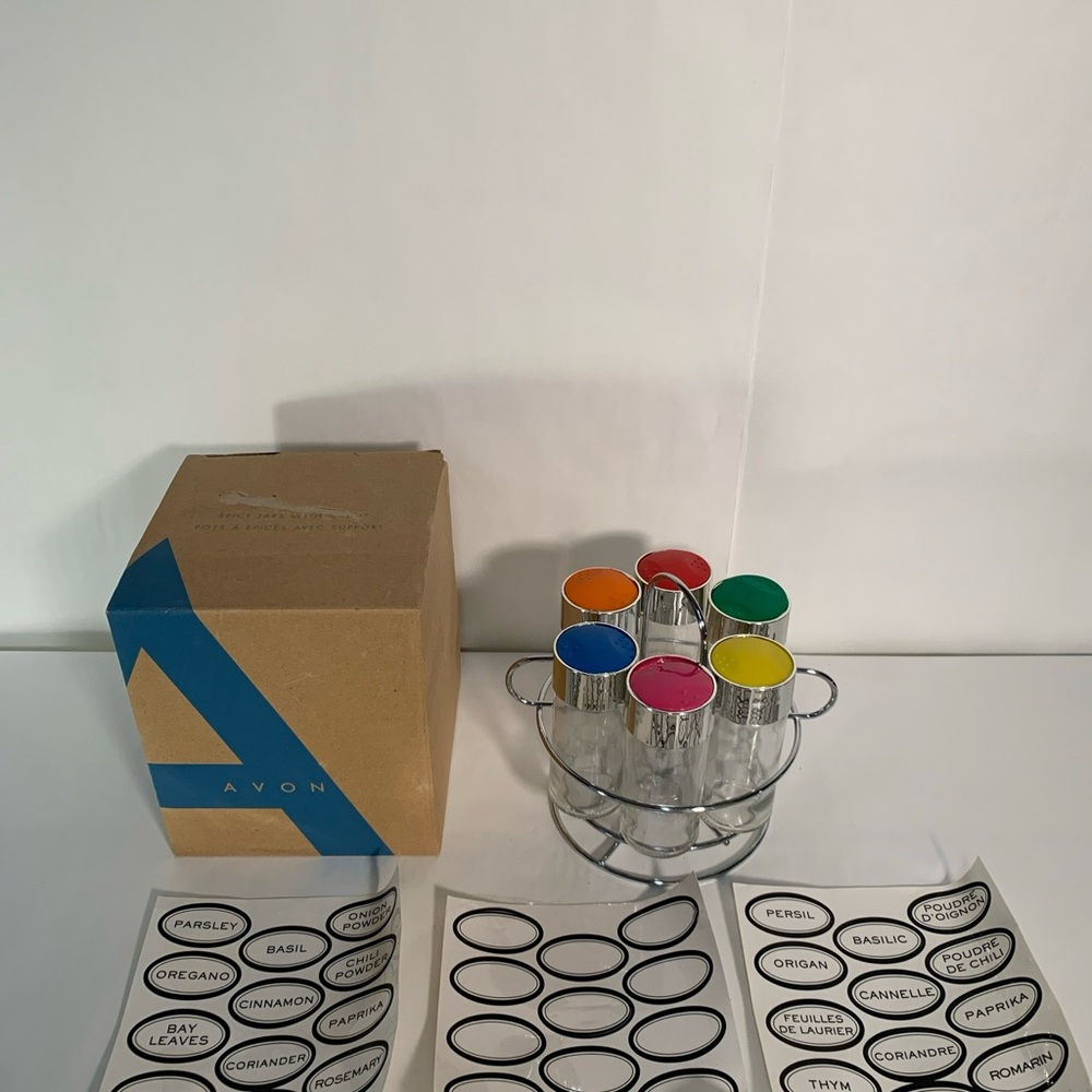 New Avon 3 oz Clear glass Spice Jars set of 6 with metal caddy